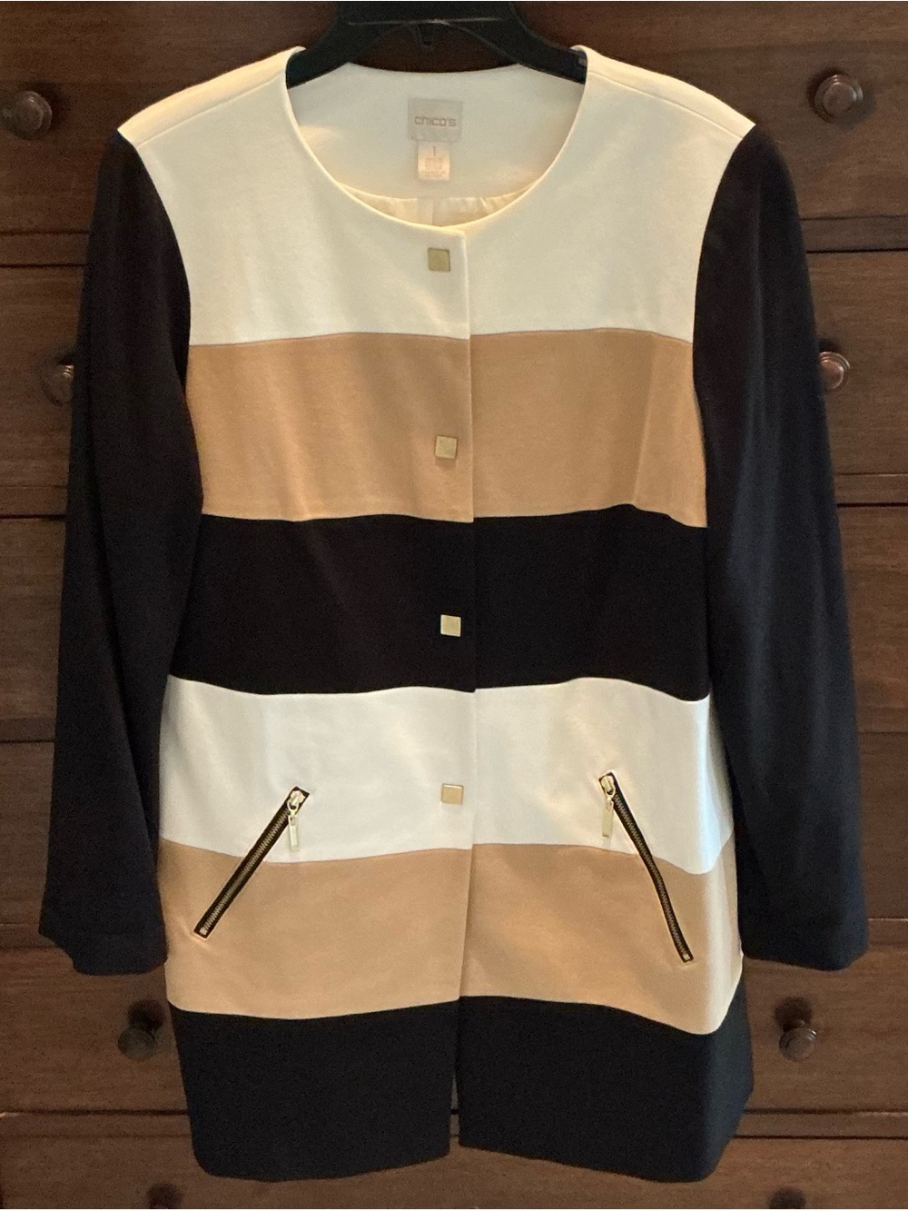 Chico's Black, Cream & Tan Colorblock Crewneck Jacket/Blazer